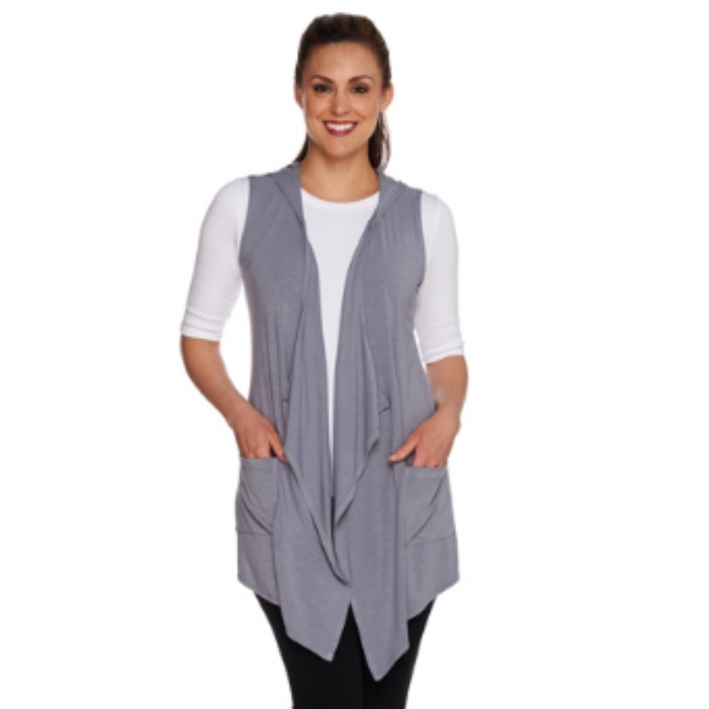LOGO by Lori Goldstein Open Front Knit Vest w/Hood